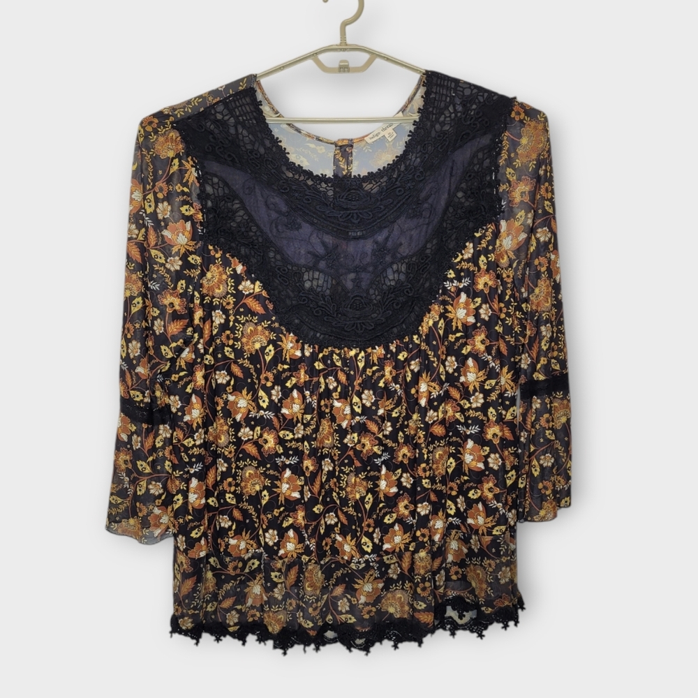 Indigo Thread Company Crochet Inset Tunic 3X Brown Floral Boho